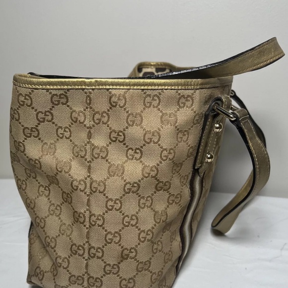 GUCCI Sherry Line Auth GG Pattern Gold Beige Canvas Leather Shoulder Tote Bag - Picture 3 of 16